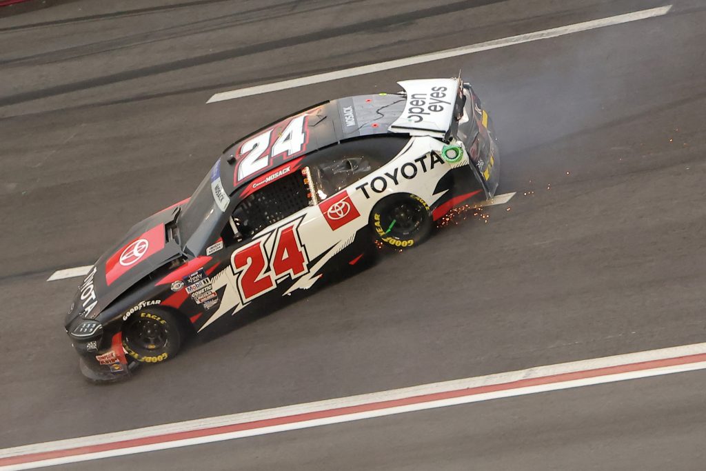 HAMPTON, GEORGIA - MARCH 18: Connor Mosack, driver of the #24 Toyota Racing Development Toyota, spins after an on-track incident during the NASCAR Xfinity Series RAPTOR 250 at Atlanta Motor Speedway on March 18, 2023 in Hampton, Georgia. (Photo by Jonathan Bachman/Getty Images) | Getty Images
