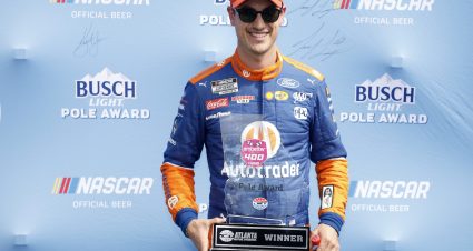 HAMPTON, GEORGIA - MARCH 18: Joey Logano, driver of the #22 Autotrader Ford, poses for photos after winning the pole award 
during qualifying for the NASCAR Cup Series Ambetter Health 400 at Atlanta Motor Speedway on March 18, 2023 in Hampton, Georgia. (Photo by Sean Gardner/Getty Images) | Getty Images