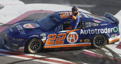 HAMPTON, GEORGIA - MARCH 19: Joey Logano, driver of the #22 Autotrader Ford, celebrates after winning the NASCAR Cup Series Ambetter Health 400 at Atlanta Motor Speedway on March 19, 2023 in Hampton, Georgia. (Photo by Sean Gardner/Getty Images) | Getty Images
