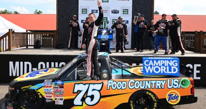 LEXINGTON, OHIO - JULY 09: Parker Kligerman, driver of the #75 Food Country USA/Tide Chevrolet, celebrates in victory lane after winning the NASCAR Camping World Truck Series O'Reilly Auto Parts 150 at Mid-Ohio Sports Car Course on July 09, 2022 in Lexington, Ohio. (Photo by Ben Jackson/Getty Images) | Getty Images