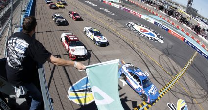 AVONDALE, ARIZONA - MARCH 12: Kyle Larson, driver of the #5 HendrickCars.com Chevrolet, leads the field to the green flag to start the NASCAR Cup Series United Rentals Work United 500 at Phoenix Raceway on March 12, 2023 in Avondale, Arizona. (Photo by Chris Graythen/Getty Images) | Getty Images