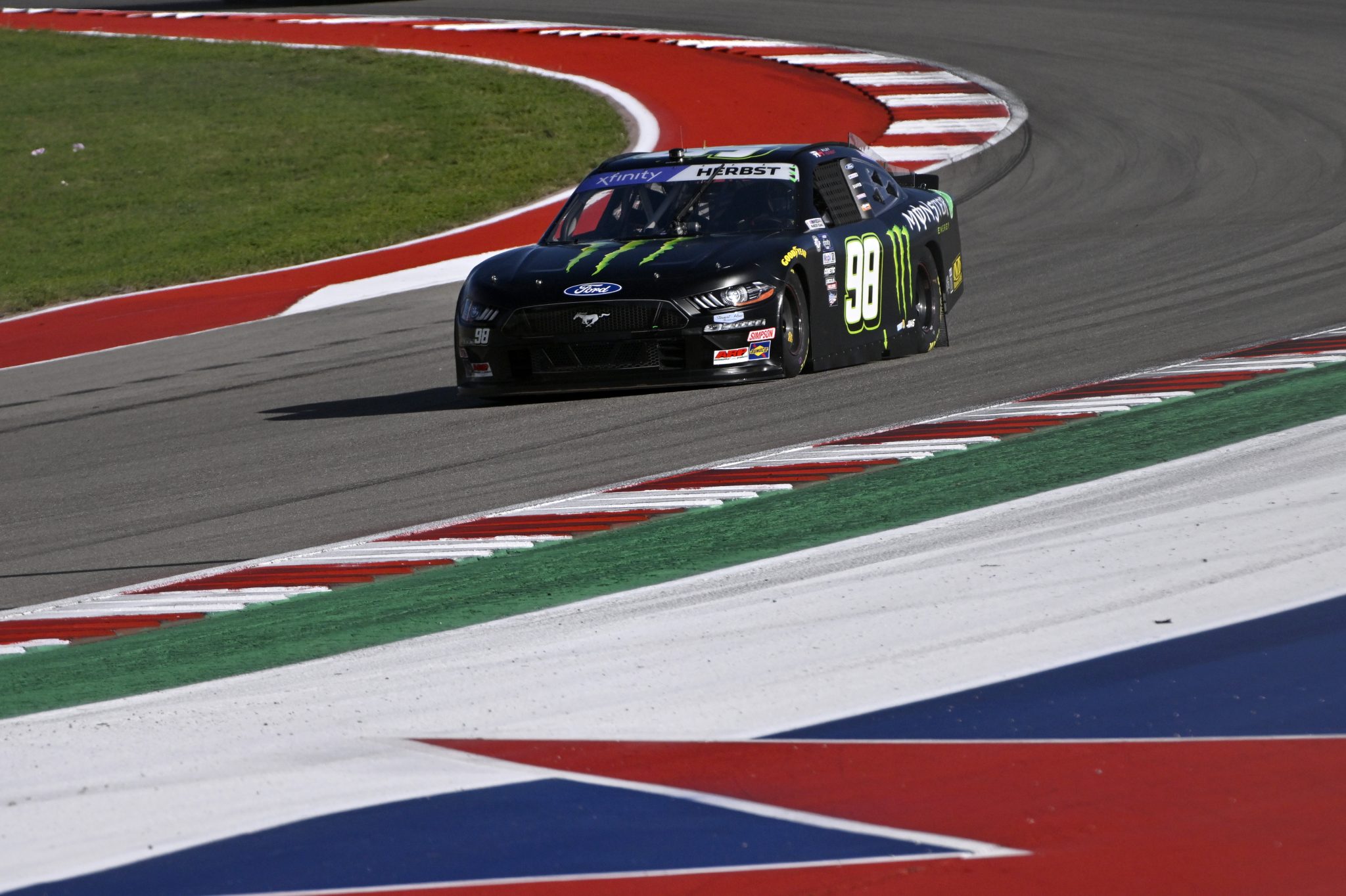 AUSTIN, TEXAS - MARCH 24: Riley Herbst, driver of the #98 Monster Energy Ford, drives during practice for the NASCAR Xfinity Series Pit Boss 250 at Circuit of The Americas on March 24, 2023 in Austin, Texas. (Photo by Logan Riely/Getty Images) | Getty Images