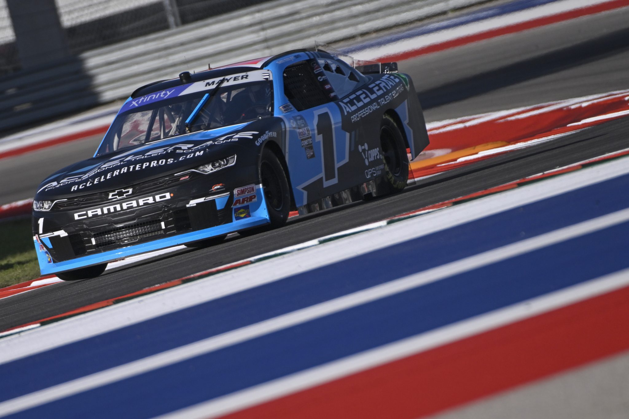 AUSTIN, TEXAS - MARCH 24: Sam Mayer, driver of the #1 Accelerate Pros Talent Chevrolet, drives during practice for the NASCAR Xfinity Series Pit Boss 250 at Circuit of The Americas on March 24, 2023 in Austin, Texas. (Photo by Logan Riely/Getty Images) | Getty Images