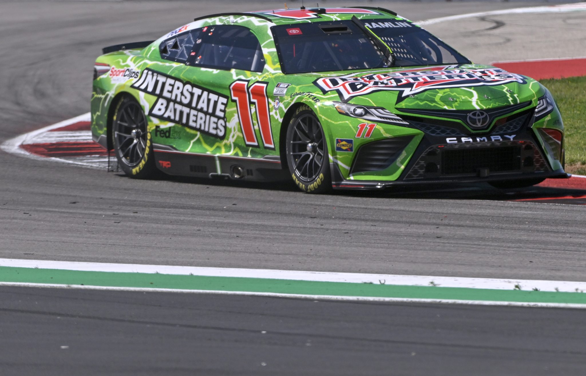 AUSTIN, TEXAS - MARCH 24: Denny Hamlin, driver of the #11 Interstate Batteries Toyota, drives during practice for the NASCAR Cup Series EchoPark Automotive Grand Prix  at Circuit of The Americas on March 24, 2023 in Austin, Texas. (Photo by Logan Riely/Getty Images) | Getty Images