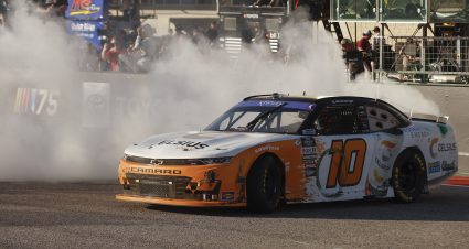 AUSTIN, TEXAS - MARCH 25: AJ Allmendinger, driver of the #10 Celsius Chevrolet, celebrates with a burnout after winning the NASCAR Xfinity Series Pit Boss 250 at Circuit of The Americas on March 25, 2023 in Austin, Texas. (Photo by Sean Gardner/Getty Images) | Getty Images