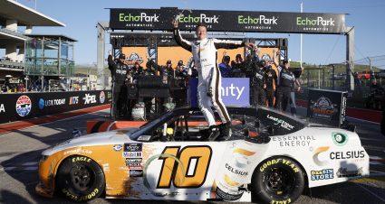 AUSTIN, TEXAS - MARCH 25: AJ Allmendinger, driver of the #10 Celsius Chevrolet, celebrates in victory lane after winning the NASCAR Xfinity Series Pit Boss 250 at Circuit of The Americas on March 25, 2023 in Austin, Texas. (Photo by Chris Graythen/Getty Images) | Getty Images