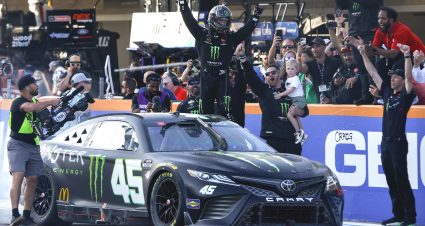 AUSTIN, TEXAS - MARCH 26: Tyler Reddick, driver of the #45 Monster Energy Toyota, and crew celebrate after winning the NASCAR Cup Series EchoPark Automotive Grand Prix at Circuit of The Americas on March 26, 2023 in Austin, Texas. (Photo by Sean Gardner/Getty Images) | Getty Images