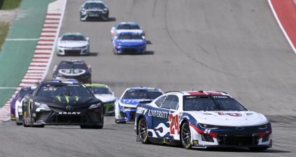 AUSTIN, TEXAS - MARCH 26: William Byron, driver of the #24 Liberty University Chevrolet, leads the field during the NASCAR Cup Series EchoPark Automotive Grand Prix at Circuit of The Americas on March 26, 2023 in Austin, Texas. (Photo by Logan Riely/Getty Images) | Getty Images