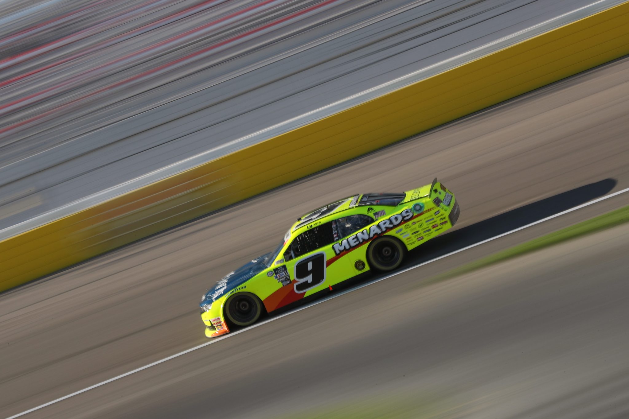 LAS VEGAS, NEVADA - MARCH 03: Brandon Jones, driver of the #9 Menards/Jeld-Wen Windows Chevrolet, drives during practice for the NASCAR Xfinity Series Alsco Uniforms 300 at Las Vegas Motor Speedway on March 03, 2023 in Las Vegas, Nevada. (Photo by Meg Oliphant/Getty Images) | Getty Images