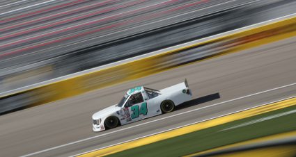 LAS VEGAS, NEVADA - MARCH 03: Josh Reaume, driver of the #34 Ford, drives during practice for the  NASCAR CRAFTSMAN Truck Series Victoria's Voice Foundation 200 at Las Vegas Motor Speedway on March 03, 2023 in Las Vegas, Nevada. (Photo by Meg Oliphant/Getty Images) | Getty Images