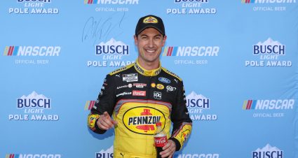 LAS VEGAS, NEVADA - MARCH 04: Joey Logano, driver of the #22 Pennzoil Ford, poses for photos after winning the pole award during practice for the NASCAR Cup Series Pennzoil 400 at Las Vegas Motor Speedway on March 04, 2023 in Las Vegas, Nevada. (Photo by Meg Oliphant/Getty Images) | Getty Images
