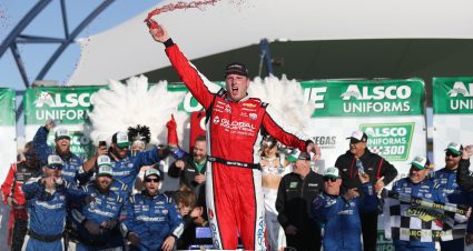 LAS VEGAS, NEVADA - MARCH 04: Austin Hill, driver of the #21 Global Industrial Chevrolet, celebrates in victory lane after winning the NASCAR Xfinity Series Alsco Uniforms 300 at Las Vegas Motor Speedway on March 04, 2023 in Las Vegas, Nevada. (Photo by Meg Oliphant/Getty Images) | Getty Images