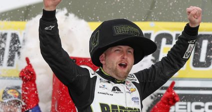 LAS VEGAS, NEVADA - MARCH 05: William Byron, driver of the #24 RaptorTough.com Chevrolet, celebrates in victory lane after winning the NASCAR Cup Series Pennzoil 400 at Las Vegas Motor Speedway on March 05, 2023 in Las Vegas, Nevada. (Photo by Meg Oliphant/Getty Images) | Getty Images