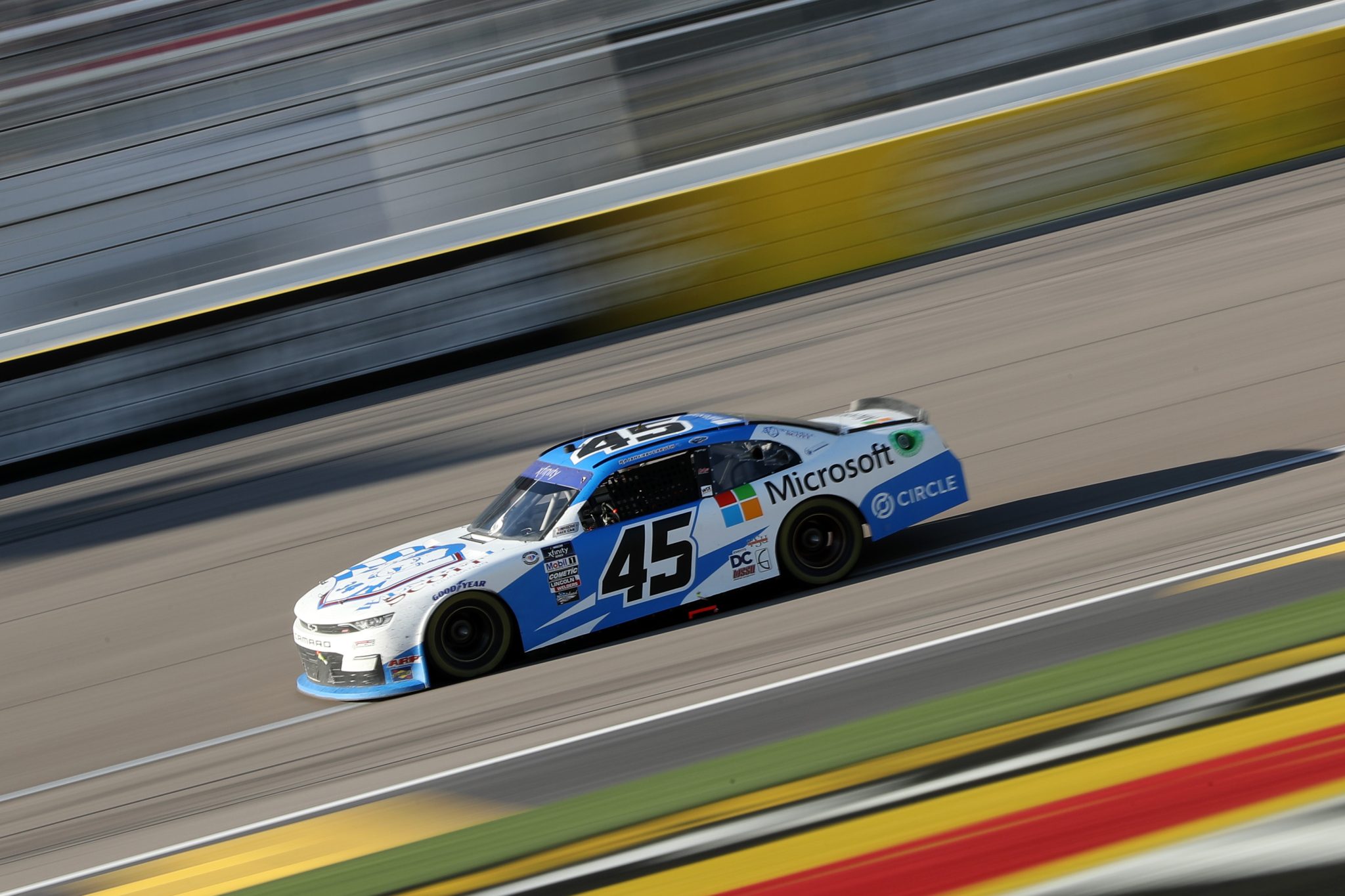 LAS VEGAS, NEVADA - MARCH 04: Rajah Caruth, driver of the #45 Wendell Scott Foundation/Microsoft Chevrolet, drives during the NASCAR Xfinity Series Alsco Uniforms 300 at Las Vegas Motor Speedway on March 04, 2023 in Las Vegas, Nevada. (Photo by Meg Oliphant/Getty Images) | Getty Images