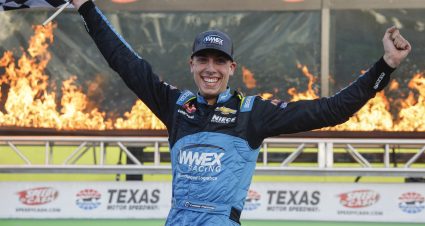 FORT WORTH, TEXAS - APRIL 01: Carson Hocevar, driver of the #42 Worldwide Express Chevrolet, celebrates in victory lane after winning the NASCAR Craftsman Truck Series SpeedyCash.com 250 at Texas Motor Speedway on April 01, 2023 in Fort Worth, Texas. (Photo by Chris Graythen/Getty Images) | Getty Images