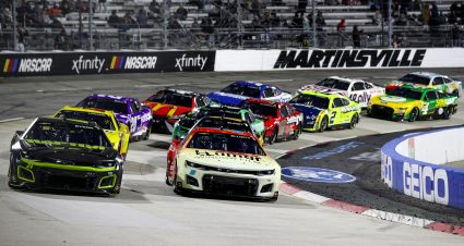 MARTINSVILLE, VIRGINIA - APRIL 09: William Byron, driver of the #24 RaptorTough.com Chevrolet, and Chase Elliott, driver of the #9 LLumar Chevrolet, lead the field during the NASCAR Cup Series Blue-Emu Maximum Pain Relief 400 at Martinsville Speedway on April 09, 2022 in Martinsville, Virginia. (Photo by Meg Oliphant/Getty Images) | Getty Images