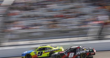 RICHMOND, VIRGINIA - APRIL 01: Brandon Jones, driver of the #9 Menards/NIBCO Chevrolet, and Josh Berry, driver of the #8 Jarrett Logistics Systems Chevrolet, race during the NASCAR Xfinity Series ToyotaCare 250 at Richmond Raceway on April 01, 2023 in Richmond, Virginia. (Photo by Jared C. Tilton/Getty Images) | Getty Images