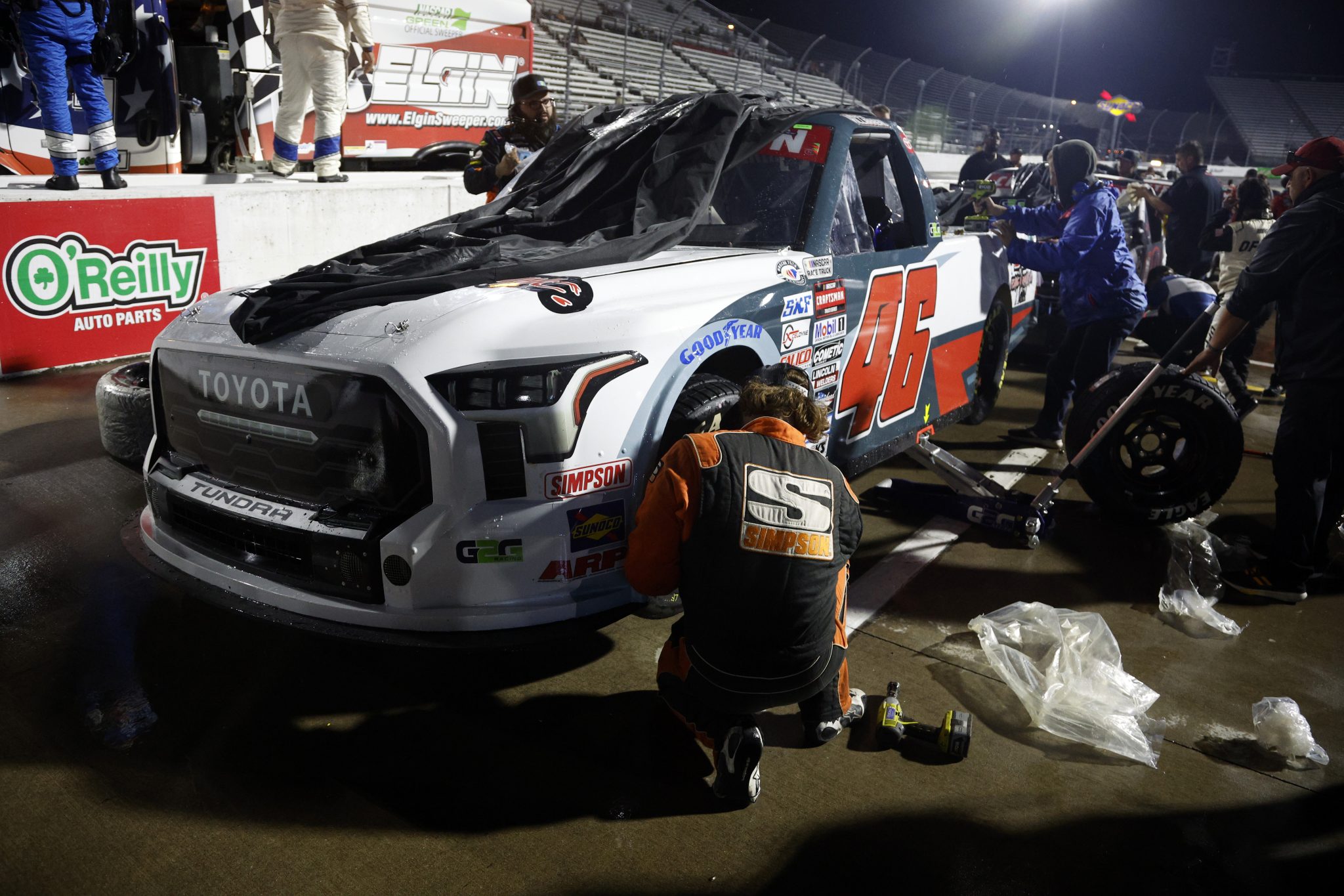 MARTINSVILLE, VIRGINIA - APRIL 14: Memphis Villarreal, driver of the #46 S&S Fishing and Rental Toyota, pits during the NASCAR Craftsman Truck Series Long John Silver's 200 at Martinsville Speedway on April 14, 2023 in Martinsville, Virginia. (Photo by Sean Gardner/Getty Images) | Getty Images