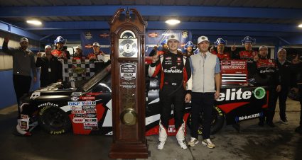 MARTINSVILLE, VIRGINIA - APRIL 14: Corey Heim, driver of the #11 Safelite Toyota, and crew celebrate in victory lane after winning the NASCAR Craftsman Truck Series Long John Silver's 200 at Martinsville Speedway on April 14, 2023 in Martinsville, Virginia. (Photo by Sean Gardner/Getty Images) | Getty Images
