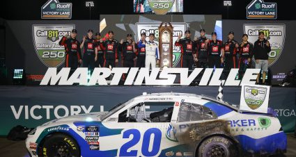 MARTINSVILLE, VIRGINIA - APRIL 15: John Hunter Nemechek, driver of the #20 Pye Barker Fire & Safety Toyota, and crew celebrate in victory lane after winning the NASCAR Xfinity SeriesCall811.com Before You Dig. 250 at Martinsville Speedway on April 15, 2023 in Martinsville, Virginia. (Photo by Sean Gardner/Getty Images) | Getty Images