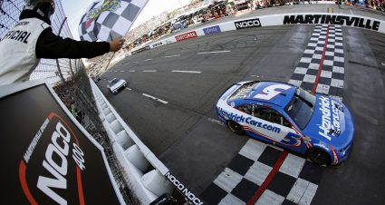 MARTINSVILLE, VIRGINIA - APRIL 16: Kyle Larson, driver of the #5 HendrickCars.com Chevrolet, takes the checkered flag to win the NASCAR Cup Series NOCO 400 at Martinsville Speedway on April 16, 2023 in Martinsville, Virginia. (Photo by Jared C. Tilton/Getty Images) | Getty Images