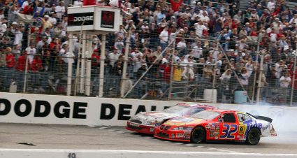 DARLINGTON, SC - MARCH 16, 2003:  Ricky Craven edged Kurt Busch by .002 of a second in the 2003 Carolina Dodge Dealers 400, to post the closest finish in NASCAR Cup Series history. The two waged an amazing fender-banging duel during the final laps to please the estimated crowd of 55,000.  (Photo by ISC Archives/CQ-Roll Call Group via Getty Images)