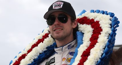 TALLADEGA, ALABAMA - OCTOBER 14: Ryan Blaney, driver of the #12 Dent Wizard Ford, celebrates in Victory Lane after winning the Monster Energy NASCAR Cup Series 1000Bulbs.com 500 at Talladega Superspeedway on October 14, 2019 in Talladega, Alabama. (Photo by Chris Graythen/Getty Images) | Getty Images