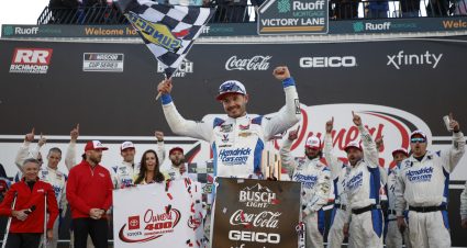 RICHMOND, VIRGINIA - APRIL 02: Kyle Larson, driver of the #5 HendrickCars.com Chevrolet, celebrates in victory lane after winning the NASCAR Cup Series Toyota Owners 400 at Richmond Raceway on April 02, 2023 in Richmond, Virginia. (Photo by Jared C. Tilton/Getty Images) | Getty Images