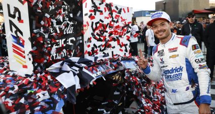 RICHMOND, VIRGINIA - APRIL 02: Kyle Larson, driver of the #5 HendrickCars.com Chevrolet, poses next to his winner sticker in victory lane after winning the NASCAR Cup Series Toyota Owners 400 at Richmond Raceway on April 02, 2023 in Richmond, Virginia. (Photo by Jared C. Tilton/Getty Images) | Getty Images
