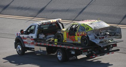TALLADEGA, ALABAMA - APRIL 22: The #02 Ollie's Bargain Outlet Chevrolet, driven by Blaine Perkins is towed after an on-track incident during the NASCAR Xfinity Series Ag-Pro 300 at Talladega Superspeedway on April 22, 2023 in Talladega, Alabama. (Photo by James Gilbert/Getty Images) | Getty Images