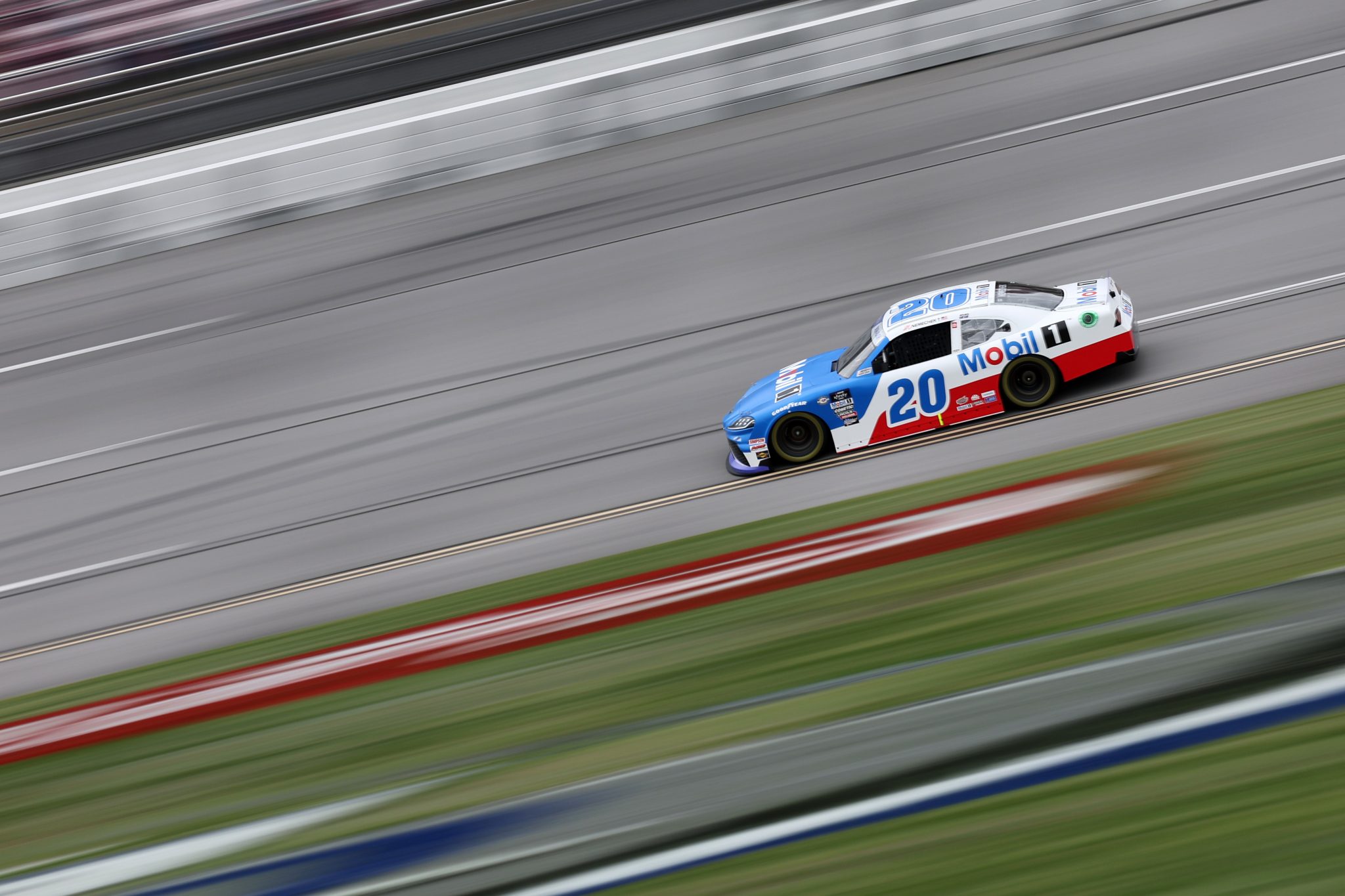 TALLADEGA, ALABAMA - APRIL 21: John Hunter Nemechek, driver of the #20 Mobil 1 Toyota, drives during qualifying for the NASCAR Xfinity Series Ag-Pro 300 at Talladega Superspeedway on April 21, 2023 in Talladega, Alabama. (Photo by James Gilbert/Getty Images) | Getty Images