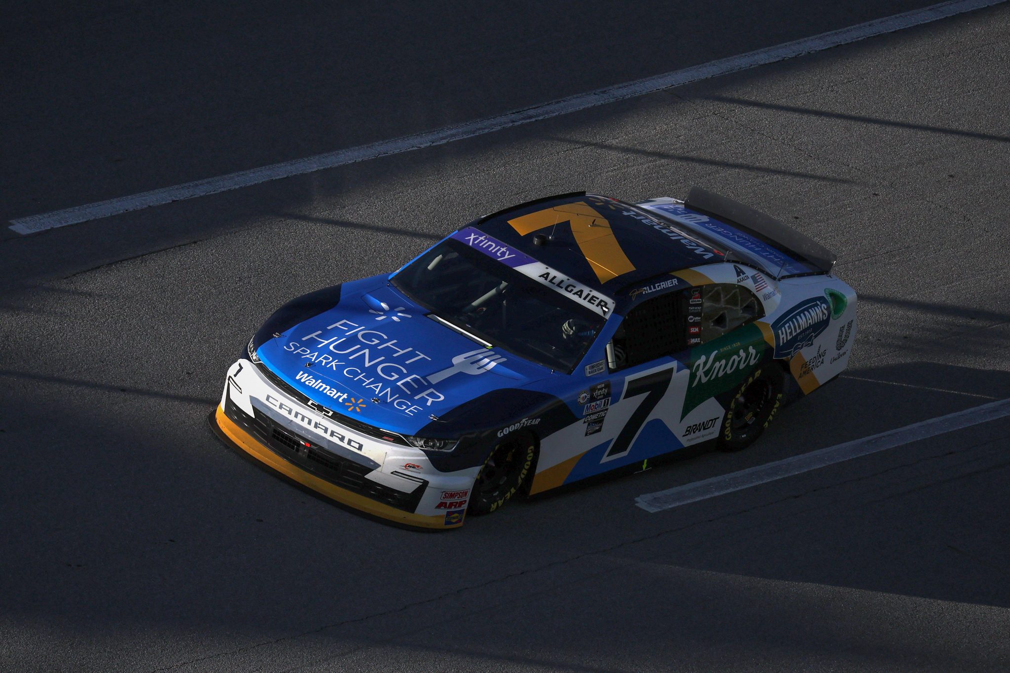 TALLADEGA, ALABAMA - APRIL 22: Justin Allgaier, driver of the #7 Fight Hunger Spark Change Chevrolet, drives during the NASCAR Xfinity Series Ag-Pro 300 at Talladega Superspeedway on April 22, 2023 in Talladega, Alabama. (Photo by James Gilbert/Getty Images) | Getty Images