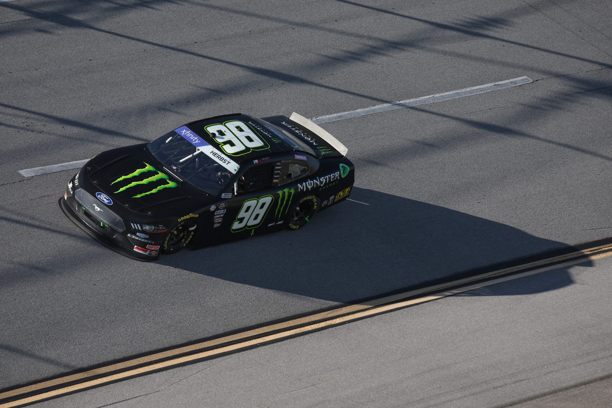 TALLADEGA, ALABAMA - APRIL 22: Riley Herbst, driver of the #98 Monster Energy Ford, drives during the NASCAR Xfinity Series Ag-Pro 300 at Talladega Superspeedway on April 22, 2023 in Talladega, Alabama. (Photo by James Gilbert/Getty Images) | Getty Images