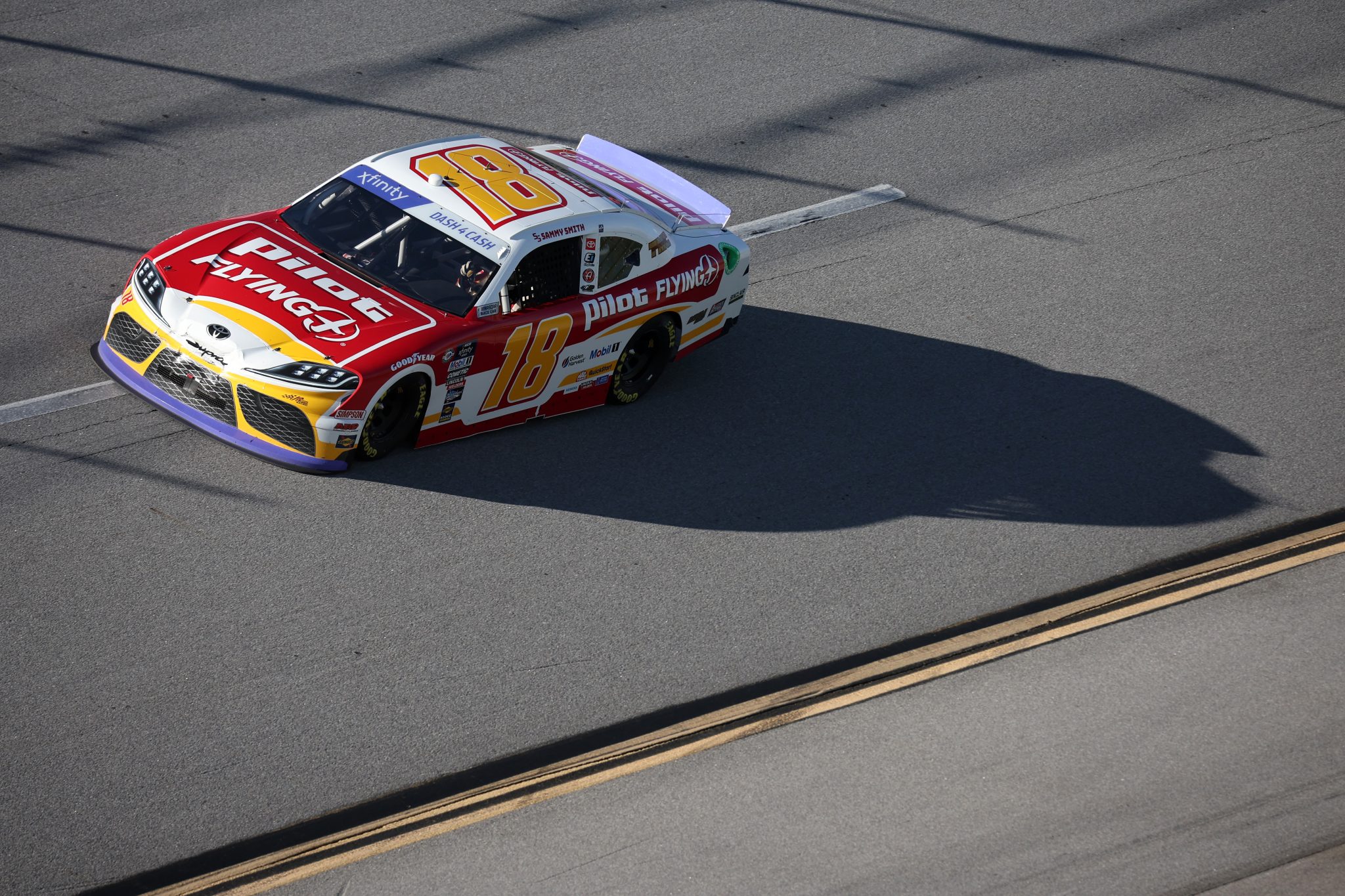 TALLADEGA, ALABAMA - APRIL 22: Sammy Smith, driver of the #18 Pilot Flying J Toyota, drives during the NASCAR Xfinity Series Ag-Pro 300 at Talladega Superspeedway on April 22, 2023 in Talladega, Alabama. (Photo by James Gilbert/Getty Images) | Getty Images