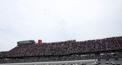 TALLADEGA, ALABAMA - APRIL 23: Noah Gragson, driver of the #42 Wendy's Beef is in the Bag Chevrolet, and Ryan Blaney, driver of the #12 Wurth Ford, lead the field during the NASCAR Cup Series GEICO 500 at Talladega Superspeedway on April 23, 2023 in Talladega, Alabama. (Photo by James Gilbert/Getty Images) | Getty Images