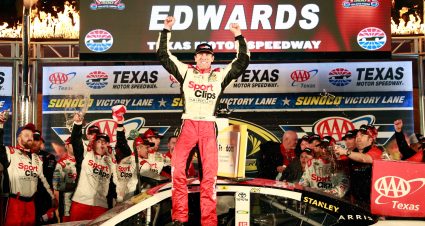 FORT WORTH, TX - NOVEMBER 06:  Carl Edwards, driver of the #19 Sport Clips Toyota, celebrates in Victory Lane after winning the rain-shortened NASCAR Sprint Cup Series AAA Texas 500 at Texas Motor Speedway on November 6, 2016 in Fort Worth, Texas.  (Photo by Matt Sullivan/NASCAR via Getty Images)