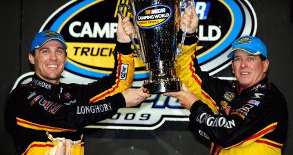 HOMESTEAD, FL - NOVEMBER 20:  (L-R) Team owner Kevin Harvick (L) and Ron Hornaday Jr., driver of the #33 VFW.org Chevrolet, celebrate winning the series title in Victory Lane after finishing 8th in the NASCAR Camping World Truck Series Ford 200 at Homestead-Miami Speedway on November 20, 2009 in Homestead, Florida.  (Photo by Rusty Jarrett/Getty Images for NASCAR) | Getty Images