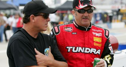 MANSFIELD, OH - MAY 26:  Ron Hornaday Jr. (L) driver of the Camping World Chevrolet chats with Mike Skinner (R), driver of the #5 Toyota Tundra during driver introductions prior to the NASCAR Craftsman Truck Series Ohio 250 at Mansfield Motorsports Speedway May 26, 2007 in Mansfield, Ohio.  (Photo by Chris Trotman/Getty Images for NASCAR) | Getty Images