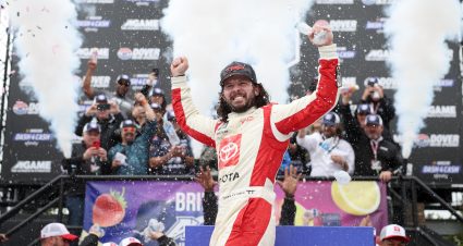 DOVER, DELAWARE - APRIL 29: Ryan Truex, driver of the #19 Toyota Genuine Accessories Toyota, celebrates in victory lane after winning the NASCAR Xfinity Series A-GAME 200 at Dover International Speedway on April 29, 2023 in Dover, Delaware. (Photo by James Gilbert/Getty Images) | Getty Images