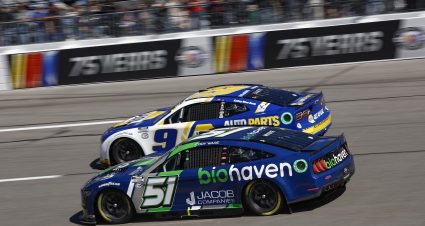 RICHMOND, VIRGINIA - APRIL 02: Cody Ware, driver of the #51 Biohaven/Jacob Co. Ford, and Josh Berry, driver of the #9 NAPA Auto Parts Chevrolet, race during the NASCAR Cup Series Toyota Owners 400 at Richmond Raceway on April 02, 2023 in Richmond, Virginia. (Photo by Jared C. Tilton/Getty Images) | Getty Images
