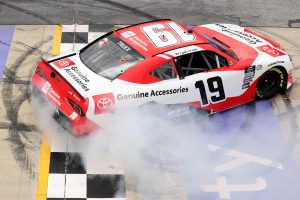DOVER, DELAWARE - APRIL 29: Ryan Truex, driver of the #19 Toyota Genuine Accessories Toyota, celebrates with a burnout after winning the NASCAR Xfinity Series A-GAME 200 at Dover International Speedway on April 29, 2023 in Dover, Delaware. (Photo by Tim Nwachukwu/Getty Images) | Getty Images