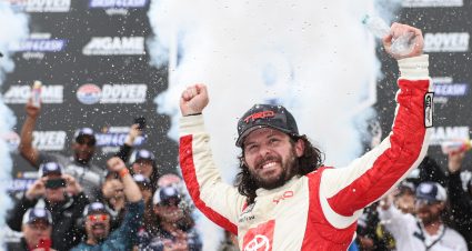 DOVER, DELAWARE - APRIL 29: Ryan Truex, driver of the #19 Toyota Genuine Accessories Toyota, celebrates in victory lane after winning the NASCAR Xfinity Series A-GAME 200 at Dover International Speedway on April 29, 2023 in Dover, Delaware. (Photo by James Gilbert/Getty Images) | Getty Images