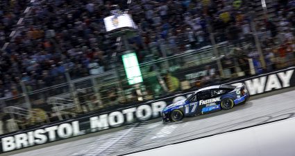 BRISTOL, TENNESSEE - SEPTEMBER 17: Chris Buescher, driver of the #17 Fastenal Ford, crosses the finish line to win the NASCAR Cup Series Bass Pro Shops Night Race at Bristol Motor Speedway on September 17, 2022 in Bristol, Tennessee. (Photo by Sean Gardner/Getty Images) | Getty Images