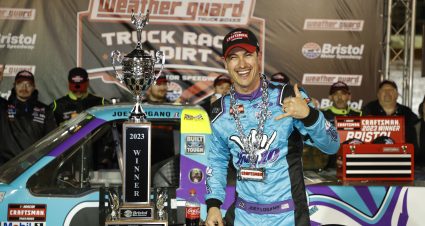 BRISTOL, TENNESSEE - APRIL 08: Joey Logano, driver of the #66 Hang 10 Car Wash Ford, celebrates in victory lane after winning the NASCAR Craftsman Truck Series Weather Guard Truck Race on Dirt at Bristol Motor Speedway on April 08, 2023 in Bristol, Tennessee. (Photo by Jared C. Tilton/Getty Images) | Getty Images