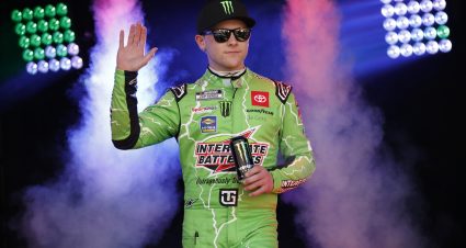 BRISTOL, TENNESSEE - APRIL 09: Ty Gibbs, driver of the #54 Interstate Batteries Toyota, waves to fans as he walks onstage during driver intros prior to the NASCAR Cup Series Food City Dirt Race at Bristol Motor Speedway on April 09, 2023 in Bristol, Tennessee. (Photo by Jared C. Tilton/Getty Images) | Getty Images