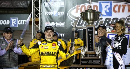 BRISTOL, TENNESSEE - APRIL 09: Christopher Bell, driver of the #20 DeWalt Power Stack Toyota, celebrates in victory lane after winning the NASCAR Cup Series Food City Dirt Race at Bristol Motor Speedway on April 09, 2023 in Bristol, Tennessee. (Photo by Jared C. Tilton/Getty Images) | Getty Images