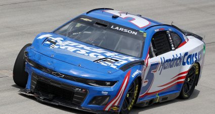 DOVER, DELAWARE - MAY 01: Kyle Larson, driver of the #5 HendrickCars.com Ford, drives a damaged car after an on-track incident during the NASCAR Cup Series Würth 400 at Dover International Speedway on May 01, 2023 in Dover, Delaware. (Photo by James Gilbert/Getty Images) | Getty Images