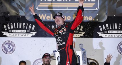 DARLINGTON, SOUTH CAROLINA - MAY 12: Christian Eckes, driver of the #19 Gates Hydraulics Chevrolet, celebrates in victory lane after winning the NASCAR Craftsman Truck Series Buckle Up South Carolina 200 at Darlington Raceway on May 12, 2023 in Darlington, South Carolina. (Photo by Jared C. Tilton/Getty Images) | Getty Images