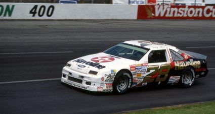 NORTH WILKESBORO, NC - APRIL 17:  Driver Davey Allison makes laps during the First Union 400 race on April 17, 1988 at the North Wilkesboro Speedway in North Wilkesboro, North Carolina. (Photo by Dozier Mobley/Getty Images)