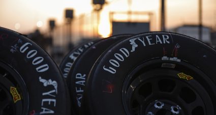DARLINGTON, SOUTH CAROLINA - MAY 12: A detail view of the Goodyear tire special sidewall logo designed for the NASCAR Official Throwback Weekend during the NASCAR Craftsman Truck Series Buckle Up South Carolina 200 at Darlington Raceway on May 12, 2023 in Darlington, South Carolina. (Photo by Jared C. Tilton/Getty Images) | Getty Images